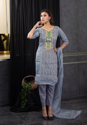 Grey thread embroidery kota doria salwar 1