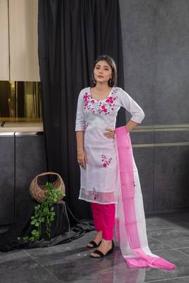 White thread embroidery kota doria salwar 1