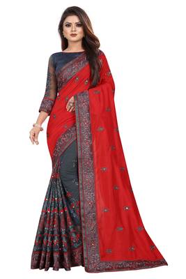 Red Vichitra Silk And Net Embriodered Saree With Embriodered Blouse Piece.  1