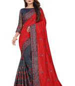 Red Vichitra Silk And Net Embriodered Saree With Embriodered Blouse Piece. 