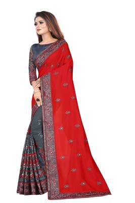 Red Vichitra Silk And Net Embriodered Saree With Embriodered Blouse Piece.  2