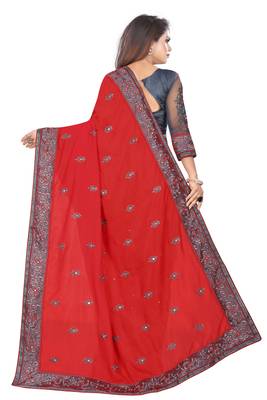 Red Vichitra Silk And Net Embriodered Saree With Embriodered Blouse Piece.  3
