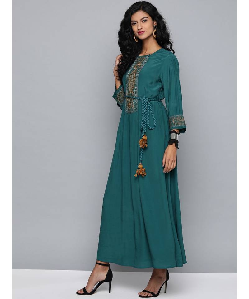 slim fit dress slacks Ritu Kumar Green Floral Print Cotton Anarkali – Saris and Things main image 0