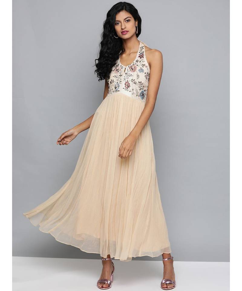 Label Ritu Kumar Off White Halter Neck Sleeveless Long Dress