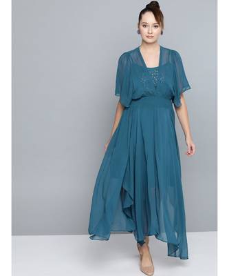 Label Ritu Kumar Blue Half Sleeves Long Dress With Camisole 1