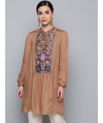 Label Ritu Kumar Brown Full Sleeves Floral Embroidered Short Dress 1