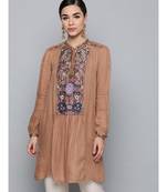 Label Ritu Kumar Brown Full Sleeves Floral Embroidered Short Dress