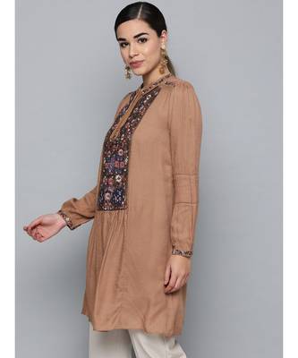 Label Ritu Kumar Brown Full Sleeves Floral Embroidered Short Dress 2