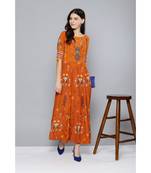 Label Ritu Kumar Rust Sleeve Till Elbow Rust Printed Long Dress With Camisole