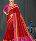 Women Red Jute Silk Embellished Designer Saree