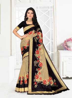 Women Black Poly Silk Embroidered with jaqcard Border Designer Saree 1