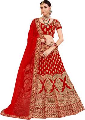Red Embroidered Satin  Semi Stitched Lehenga Choli 1