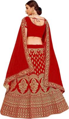 Red Embroidered Satin  Semi Stitched Lehenga Choli 2