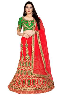 Red Embroidered Satin  Semi Stitched Lehenga Choli 1