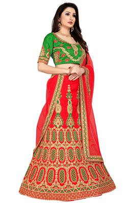 Red Embroidered Satin  Semi Stitched Lehenga Choli 2