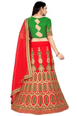 Red Embroidered Satin  Semi Stitched Lehenga Choli 3