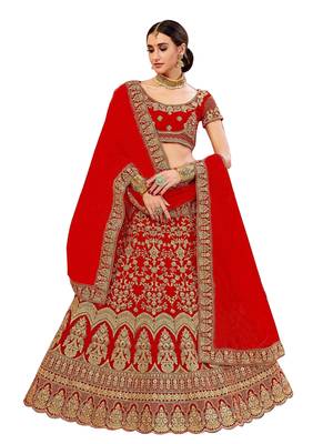 Red Embroidered Satin  Semi Stitched Lehenga Choli 1