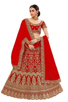 Red Embroidered Satin Semi Stitched Lehenga Choli