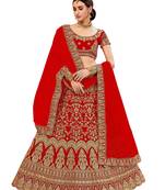 Red Embroidered Satin  Semi Stitched Lehenga Choli