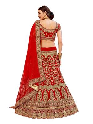 Red Embroidered Satin  Semi Stitched Lehenga Choli 2