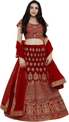 Red Embroidered Satin  Semi Stitched Lehenga Choli 1