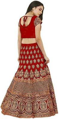 Red Embroidered Satin  Semi Stitched Lehenga Choli 2