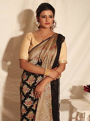 Black Multicolor Pure Chiffon Banarasi Silk Saree 2
