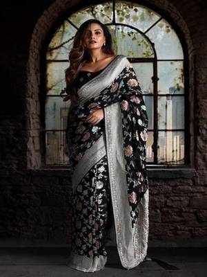 Black Multicolor Pure Chiffon Banarasi Silk Saree 1
