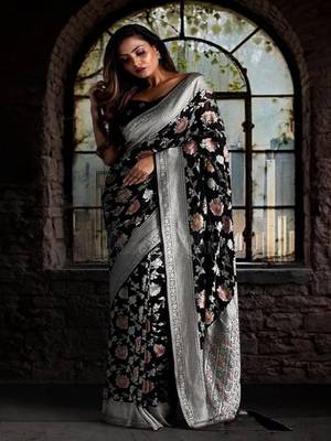 Black Multicolor Pure Chiffon Banarasi Silk Saree 2