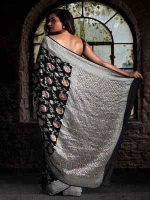 Black Multicolor Pure Chiffon Banarasi Silk Saree 3