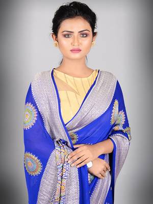 Royal Blue Multicolor Pure Chiffon Banarasi Silk Saree 1