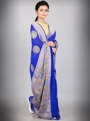 Royal Blue Multicolor Pure Chiffon Banarasi Silk Saree 2