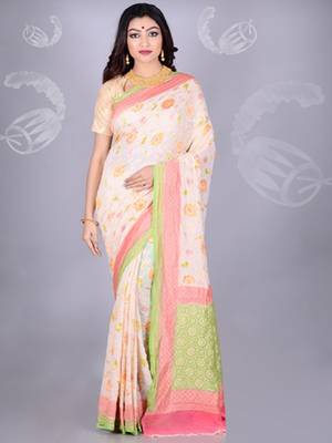 White Multicolor Pure Chiffon Banarasi Silk Saree 1