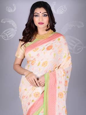 White Multicolor Pure Chiffon Banarasi Silk Saree 2