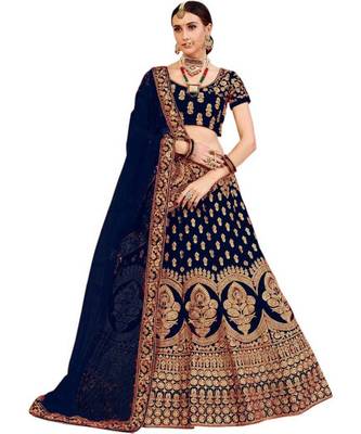Blue Embroidered Satin  Semi Stitched Lehenga Choli 1