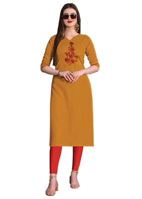 Mustard embroidered silk ethnic-kurtis 1