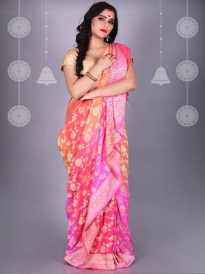 Pink Multicolor Pure Chiffon Banarasi Silk Saree 1