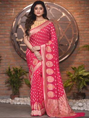 Coral Color Pure Chiffon Banarasi Silk Saree 1