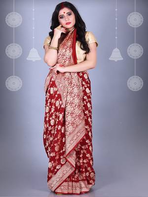 Maroon Pure Chiffon Banarasi Silk Saree 1