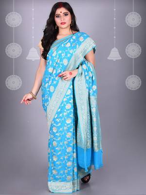 SKY BLUE Pure Chiffon Banarasi Silk Saree 1