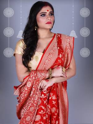 RED Pure Chiffon Banarasi Silk Saree 2