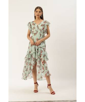 Label Ritu Kumar Blue Cap Sleeves Floral Asymmetric Ruffle Long Dress 1
