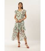 Label Ritu Kumar Blue Cap Sleeves Floral Asymmetric Ruffle Long Dress