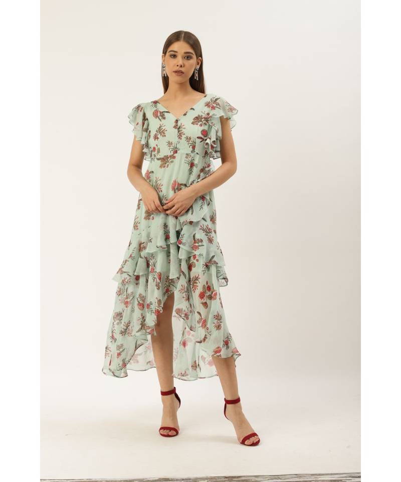 Label Ritu Kumar Blue Cap Sleeves Floral Asymmetric Ruffle Long Dress
