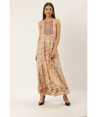 Label Ritu Kumar Off White Halter Neck Sleeveless Floral Long Dress 1