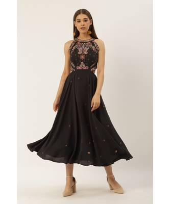 Label Ritu Kumar Grey Halter Neck Embroidered Cut-Out Long Dress 1