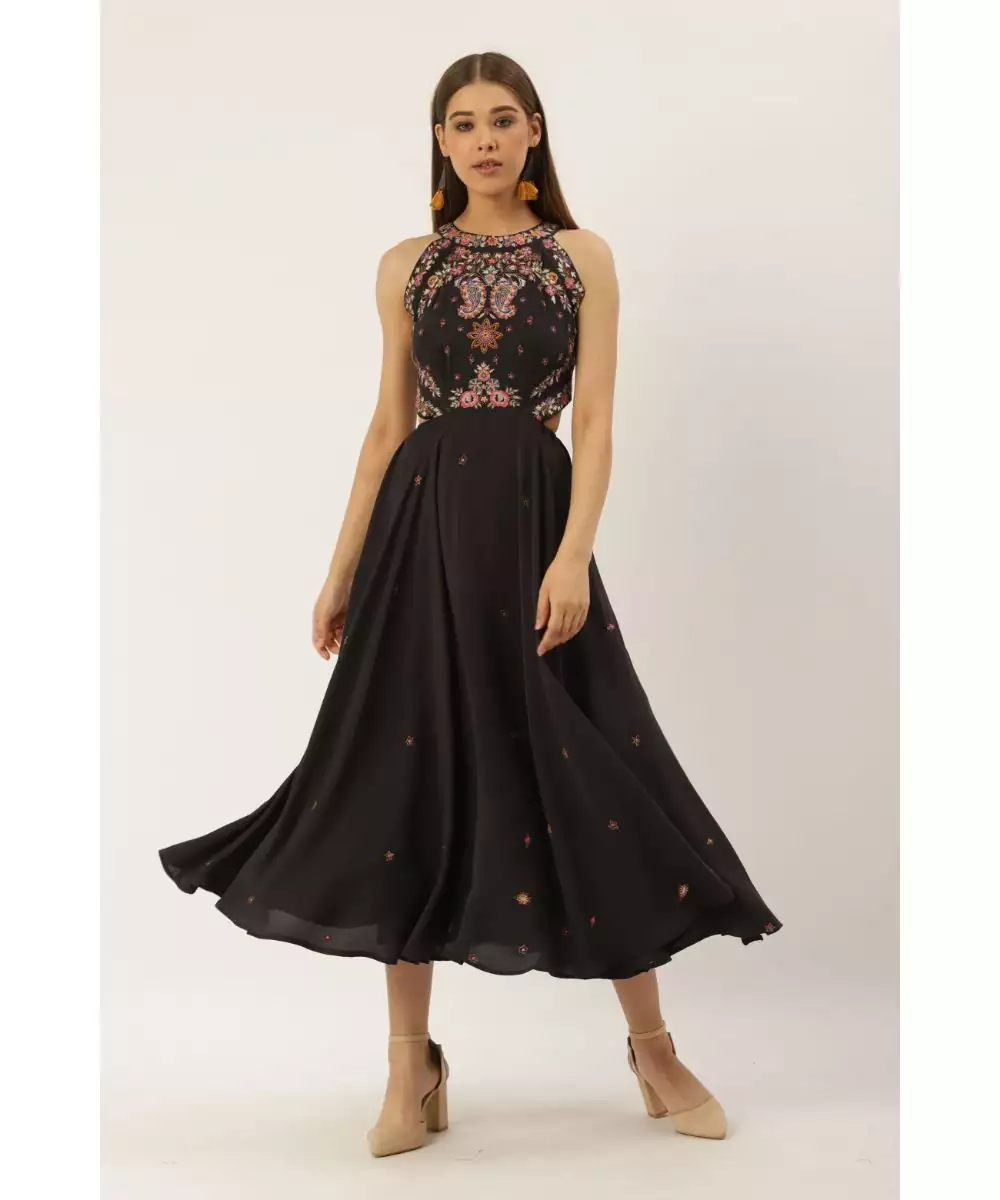 Buy Label Ritu Kumar Grey Halter Neck Embroidered Cut-Out Long Dress Online for Women by RITU KUMAR