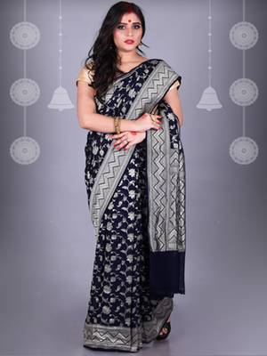 Navy Blue Pure Chiffon Banarasi Silk Saree 1