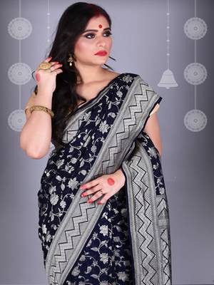 Navy Blue Pure Chiffon Banarasi Silk Saree 2