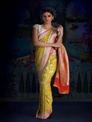 Yellow Multicolor Pure Chiffon Banarasi Silk Saree 1